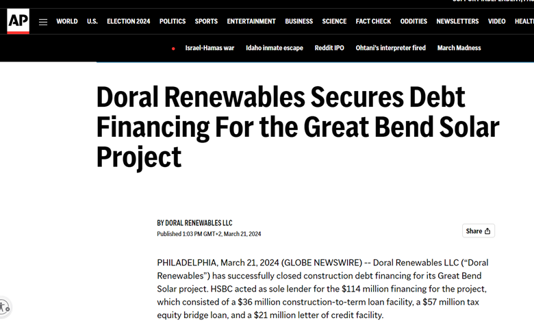 Doral Renewables Secures Debt Financing For The Great Bend Solar Project